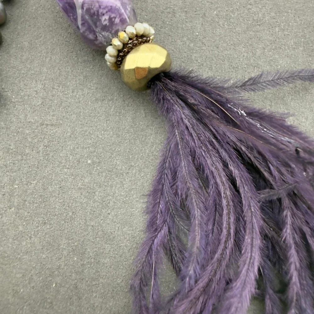 Chicos Boho Amethyst Pearl Necklace Feather Tassel Pendant Bohemian Design